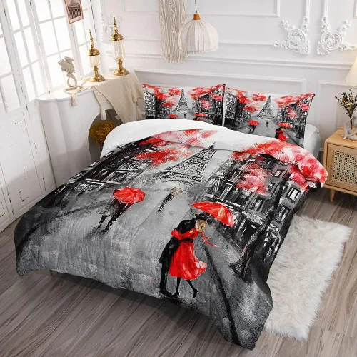 Miniatura 2 de Juego de edredón estilo París para niñas y adolescentes, edredón tamaño individual de la Torre Eiffel de Francia con 2 fundas de almohada con Rojo