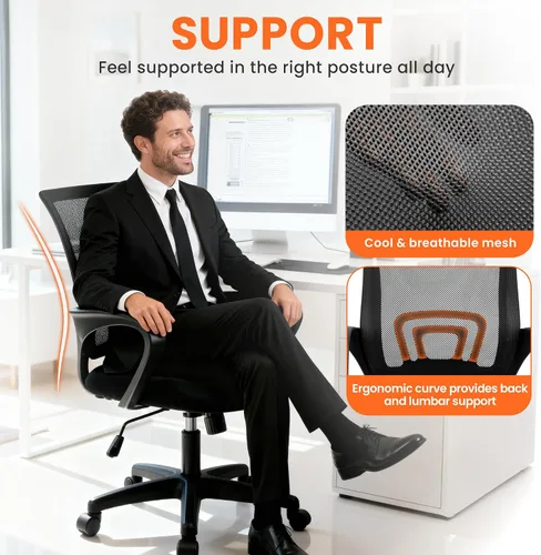 Miniatura 5 de NEO Chair Silla de computadora de oficina con respaldo medio, asiento ergonómico de malla para juegos, cómodo soporte lumbar, ruedas giratorias