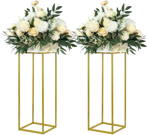 Miniatura 11 de YALLOVE Paquete de 2 soportes dorados de 15.75 pulgadas para flores de boda, soporte de columna de metal para centro de mesa geométrico