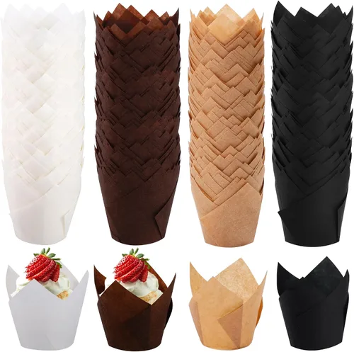 Miniatura 8 de Ruisita 150 Piezas Tazas Mini para Hornear Tazas de Tulipán para Cupcakes Forros para Magdalenas para Bodas, Cumpleaños, Baby Showers, Negro Tulip