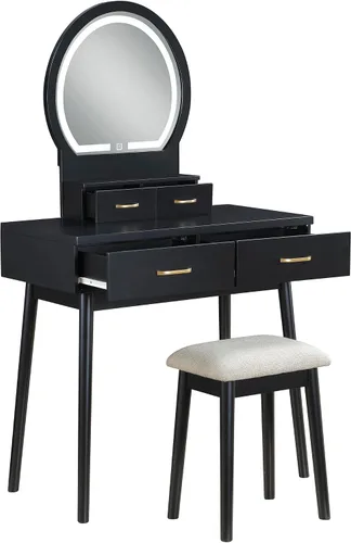 Miniatura 9 de Lexicon Tocador moderno con espejo, luces LED, 3 modos de iluminación, pequeño juego de tocador de maquillaje con 4 cajones y taburete acolchado