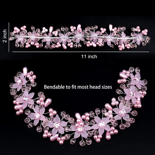 Miniatura 2 de CURASA Diadema de perlas rosas de cristal para niña, corona de princesa para cumpleaños, primera comunión
