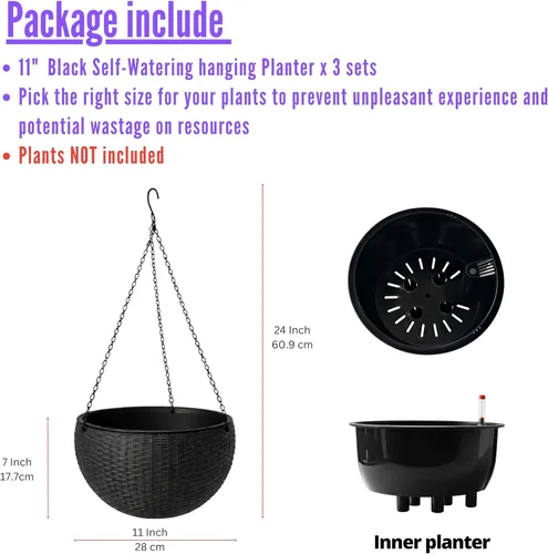 Miniatura 2 de LaLaGreen - Macetas colgantes para plantas de interior (11 pulgadas, paquete de 3) macetas colgantes redondas de ratán con indicador de nivel