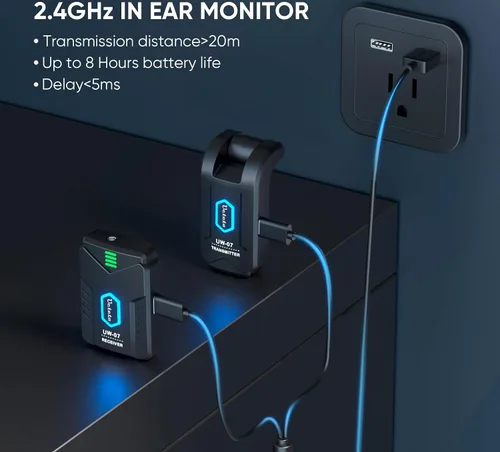 Miniatura 4 de Ueteto Sistema de monitor inalámbrico en el oído, sistema IEM mono de 2.4 GHz con transmisor receptor de cinturón, Plug and Play para músicos