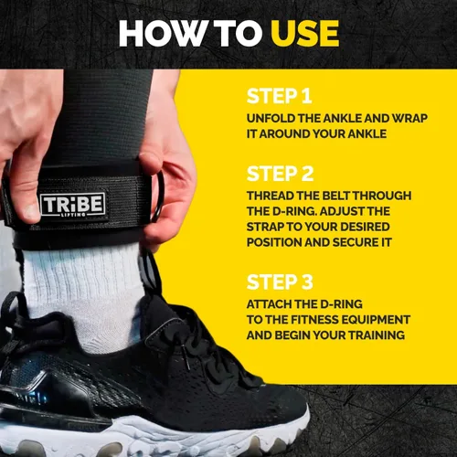 Miniatura 4 de Tribe Lifting Ankle Straps for Cable Machines - Padded Neoprene Ankle Cuffs with Double D-Ring Attachments - Adjustable Leg Straps for Glute Negro 1