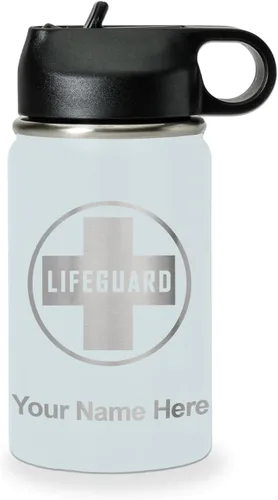 Miniatura 65 de LaserGram Botella de agua personalizada, salvavidas, acero inoxidable de doble pared aislada al vacío con popote superior, regalo grabado Negro