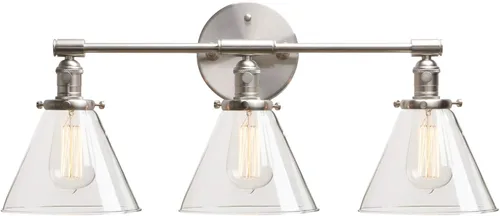 Miniatura 10 de PERMO Aplique doble cromado industrial de 2 luces, apliques de pared con pantalla de vidrio transparente acampanada en forma de embudo, luz