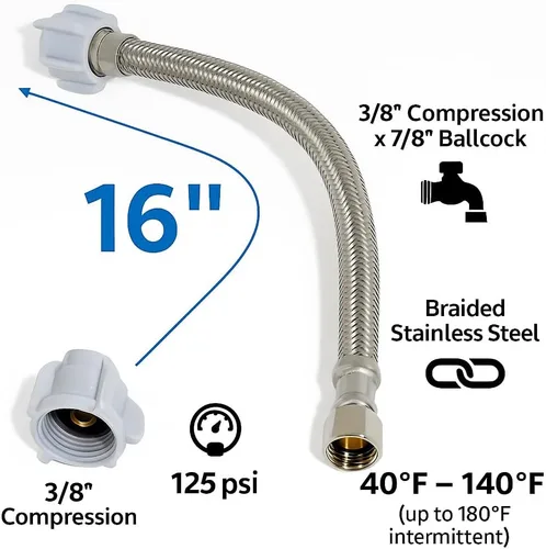 Miniatura 2 de Conector de inodoro - Manguera de inodoro trenzada de acero inoxidable con rosca de compresión hembra de 3/8 x rosca hembra de 7/8 - Línea