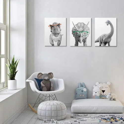 Miniatura 11 de GUBIYU Juego de 3 carteles artísticos con diseño de dinosaurio T-Rex, para habitación de niños, impresión de animales para guardería, decoración