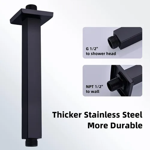 Miniatura 4 de Brazo de ducha recto montado en el techo de 8 pulgadas, tubo de extensión cuadrado negro mate para cabezal de ducha de lluvia, acero inoxidable