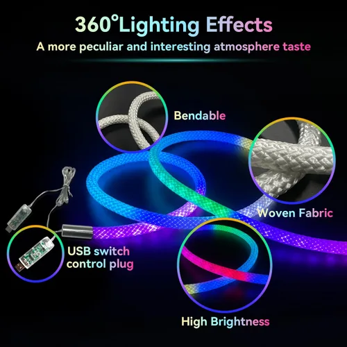 Miniatura 8 de Luces de cuerda LED de neón de 6.56 pies, luces impermeables con sincronización de música con control remoto y APP, alimentadas por USB, iluminación