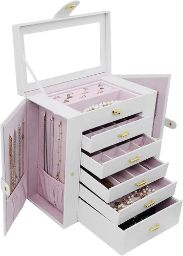 Miniatura 9 de AKOZLIN - Organizador de joyería extra grande de 6 niveles con espejo, estuche de joyería de cuero con 5 cajones para mujeres y niñas, para anillos