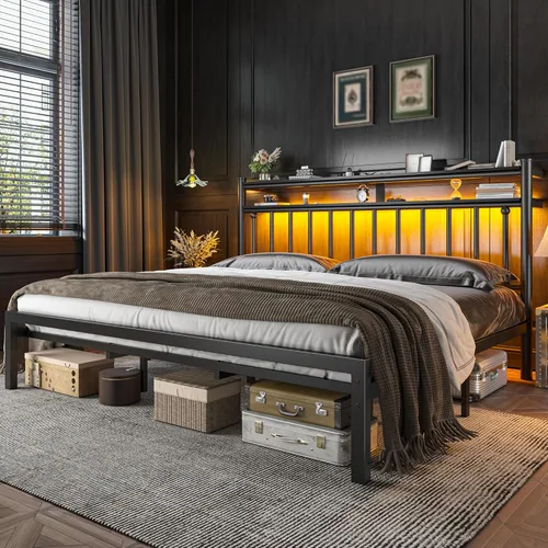 Miniatura 9 de Homkdom Base de cama de metal tamaño King de 14 pulgadas y cabecera de almacenamiento de 2 niveles, marco de cama victoriano tamaño King con Negro