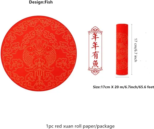 Miniatura 4 de KYMY Rollo de papel Xuan rojo chino, Festival de Primavera Asiático Caligrafía en Blanco Papel de Arroz - 6.7 in x 65.6 ft, doble puerta de pez