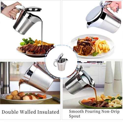 Miniatura 5 de Salsa de doble pared con aislamiento térmico de acero inoxidable 304 Salsa de barco Serveware para bebidas Olla de cocina Jarra para servir