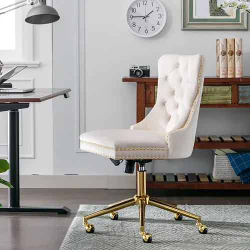 Miniatura 5 de SSLine Elegante silla de escritorio de terciopelo para niñas y mujeres, silla giratoria copetuda para computadora de oficina con ruedas, moderna