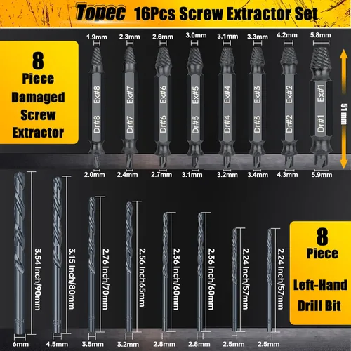 Miniatura 2 de Topec Juego de 16 extractores de tornillos dañados y juego de brocas de giro izquierdo, juego de extractores de tornillos Easy Out con estuche