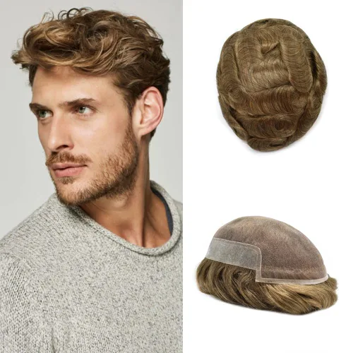 Mens Toupee Remy Human Hair System For Men Bleached Knot Toupee Hair Piece For Men French Lace Toupee For Men Hairpiece 8X10#17 Dark Ash Blonde 90%