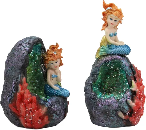Miniatura 2 de Ebros - Juego de 2 sirenas de fantasía para decoración del hogar (cola azul), diseño de sirenas de cristal de geoda, diseño de corales bajo el mar