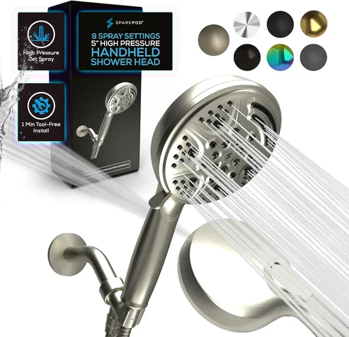 SparkPod Cabezal de ducha de mano de níquel cepillado de 5 pulgadas, 9 ajustes de pulverización con interruptor de encendido/apagado, modo de lluvia