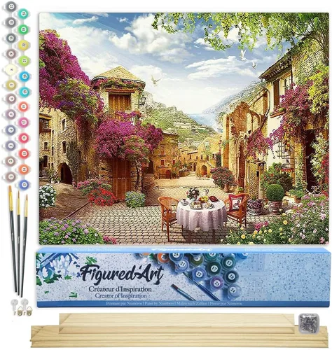 Miniatura 9 de Figured'Art Pintura por números para adultos Desayuno en un pueblo mediterráneo 16"x20" - Kit de pintura de arte artesanal lienzo enrollado sin marco