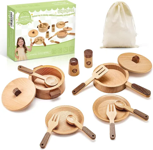 WHOHOLL Juego de cocina de madera con platos y platos, juguetes de cocina para niños de 3, 4, 5, 6, accesorios de cocina Montessori, incluyendo