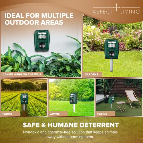 Miniatura 6 de Dispositivos repelentes solares ultrasónicos solares de ciervos/gatos/animales, disuasorio de aves con sensor de movimiento, potencia de detección
