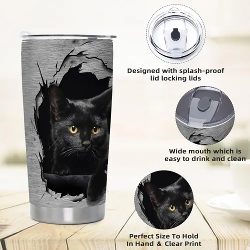 Miniatura 2 de DJY Vaso aislado de acero inoxidable con tapa con diseño de gato negro 3D para café, viaje, regalo para mamá, mujer, hija, botella de agua