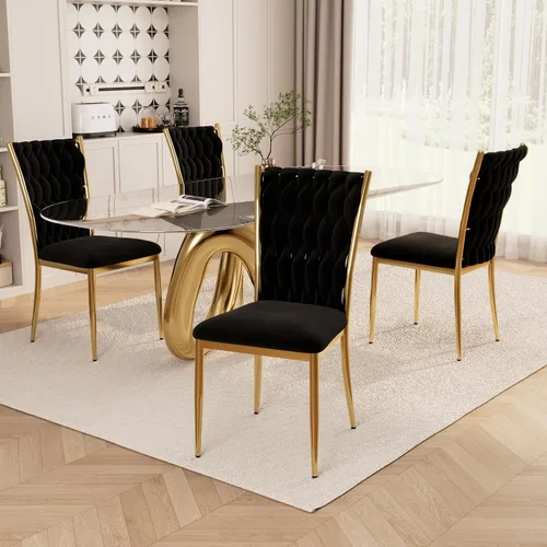 Miniatura 29 de Juego de 2 sillas de comedor de terciopelo, modernas sillas de cocina tejidas con patas de metal dorado, cojín tapizado con respaldo alto