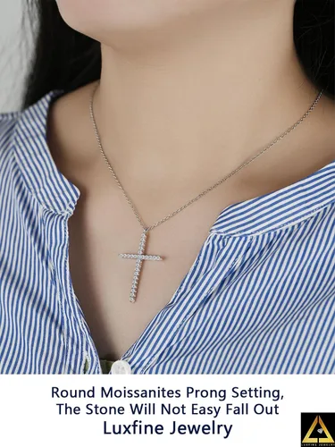 Miniatura 8 de Collar de cruz de moissanita para mujer, dije de crucifijo de diamante de plata de ley 925, chapado en oro blanco de 14 quilates, joyería cristiana