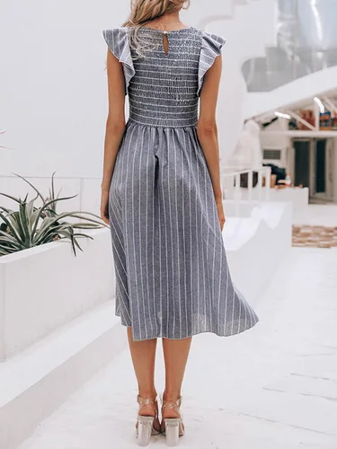 Miniatura 5 de Miessial Vestido midi de verano para mujer, casual, manga corta, vestido de lino fruncido 2025, vestido bohemio para invitados de boda con bolsillos