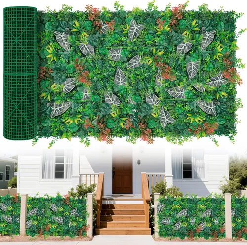 Miniatura 16 de Paneles de pared de césped de 20 x 20 pulgadas, 16 piezas de fondo de vegetación artificial con hojas resistentes a los rayos UV, decoración