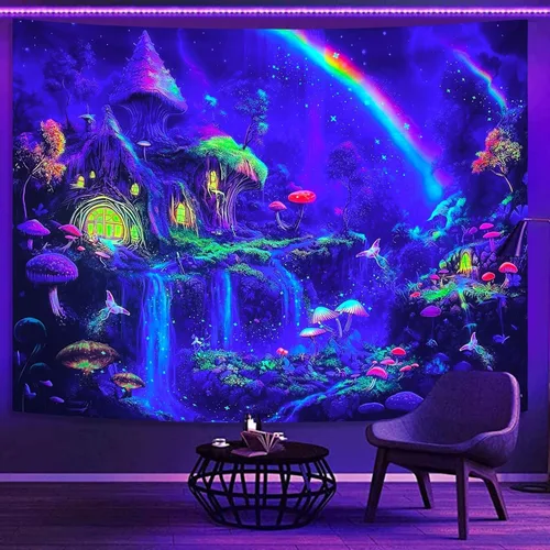 Miniatura 4 de Kanuyee Tapiz de luz negra de neón para colgar en la pared, bosque encantado, cascada, tapices para dormitorio, tapices UV, para colgar en la pared