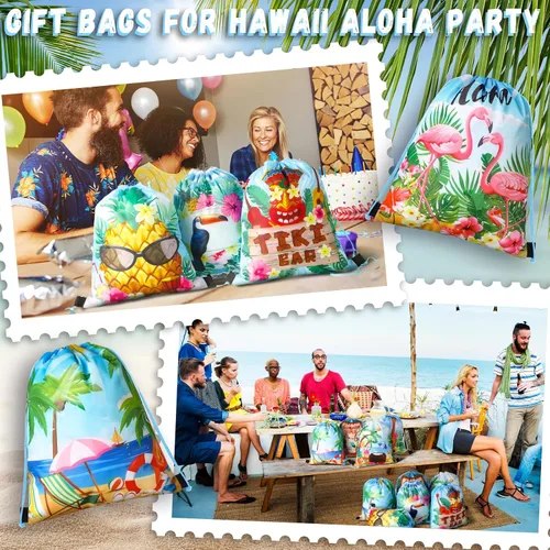 Miniatura 6 de Frienda 24 bolsas hawaianas para recuerdos de fiesta hawaiana Aloha con cordón, mochila tropical de flamenco, bolsas de regalo para cumpleaños