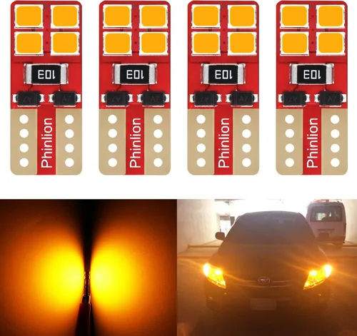 PHINLION 12V T10 168 194 Bombillas LED amarillas ámbar, súper brillantes, miniatura 2835 8-SMD, cuña 12961 12396 para luces interiores de coche,