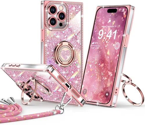 Miniatura 15 de XYZ Funda para iPhone 13, con purpurina brillante con soporte de corazón de 2 anillos y cordón, funda protectora a prueba de golpes con diamantes