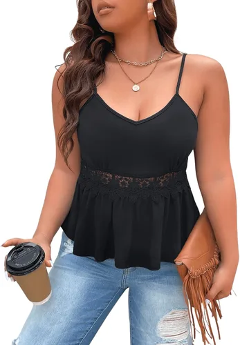 Miniatura 4 de SOLY HUX Camisola casual para mujer, talla grande, con ribete de encaje, dobladillo con volantes, tirantes delgados