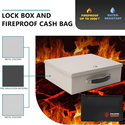 Miniatura 3 de Caja de documentos ignífuga con cerradura de llave y bolsa de dinero ignífuga, caja de almacenamiento segura para objetos de valor, cerradura