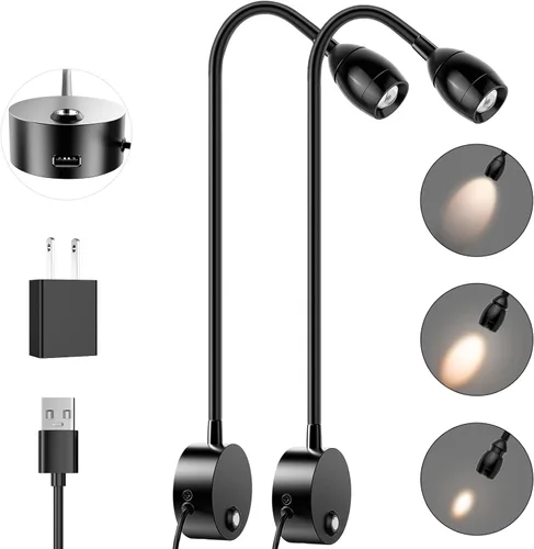 Miniatura 9 de Luz de lectura LED montada en la pared con cuello de cisne flexible de 15 pulgadas, luz de libro regulable para leer en la cama con puerto de carga