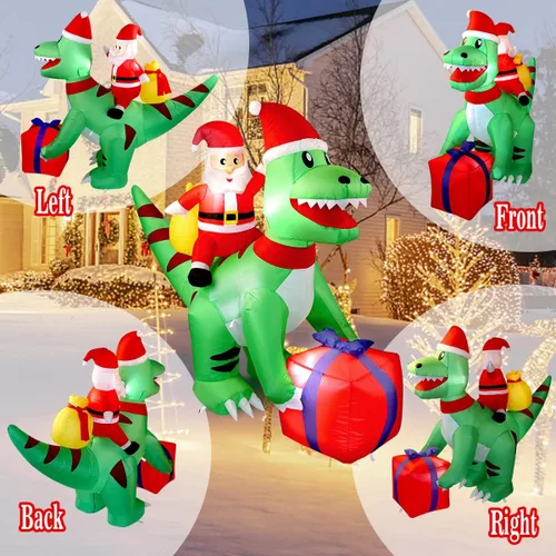 Miniatura 6 de Dinosaurio inflable de Navidad de 5 pies con Papá Noel, luces LED, decoración de patio para interiores y exteriores, T-Rex verde con caja de regalo