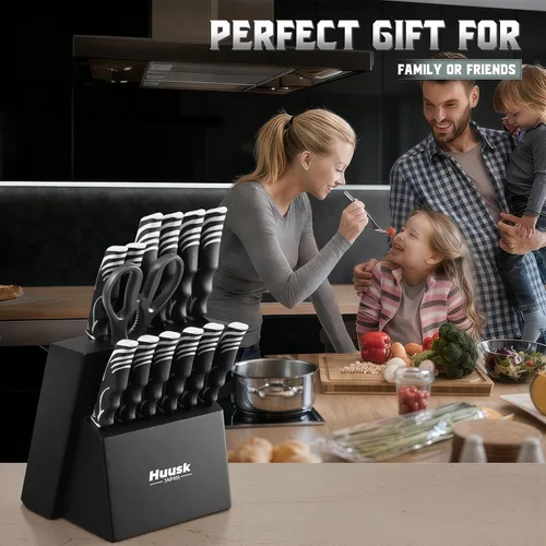 Miniatura 9 de Juego de bloque de cuchillos Huusk con afilador - Juego de cuchillos de cocina negros con bloque de cuchillos de madera - Regalos ideales