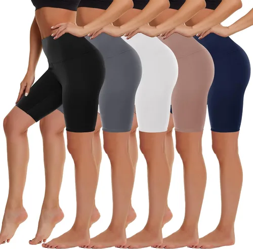 HIGHDAYS Paquete de 5 pantalones cortos de ciclista de cintura alta para mujer, pantalones cortos deportivos de 8 pulgadas de elastano suave, para