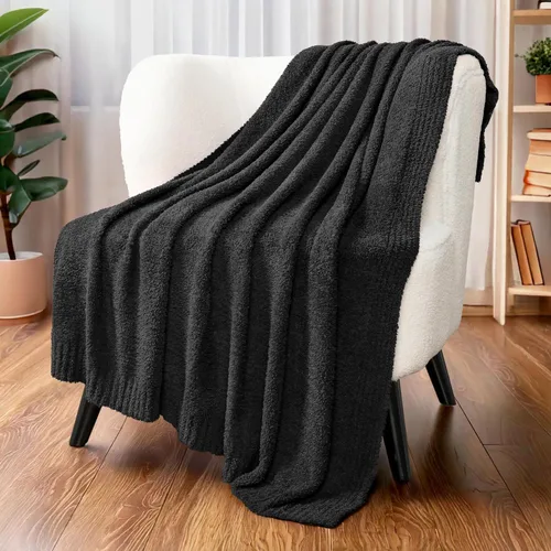 PAVILIA Manta supersuave para sofá, manta mullida y acogedora de peso ligero en negro; manta de punto cálida y esponjosa para cama o sofá, 50x60