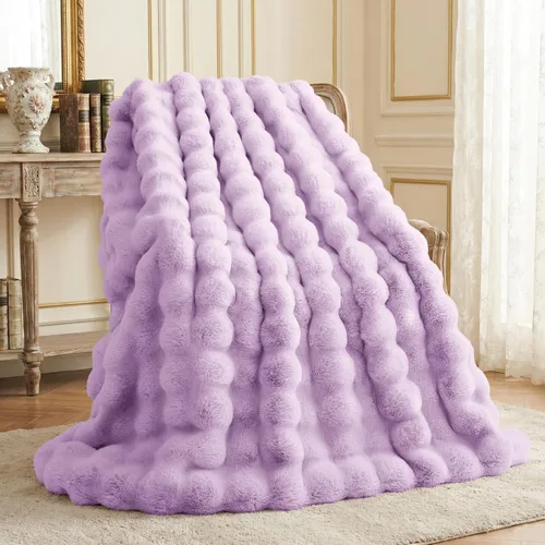 Miniatura 14 de L'AGRATY - Manta de piel sintética de 50" x 60" de lujo, suave y esponjosa, de pelo de conejo, para cama, sofá o diván - Manta mullida y decorativa