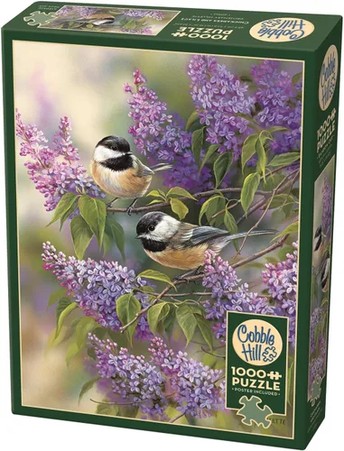 Cobble Hill - Rompecabezas de 1000 piezas - Chickadees and Lilacs - Póster de muestra incluido