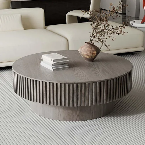 Miniatura 19 de Mesa de centro redonda con almacenamiento, moderna mesa de centro de madera con chapeado de madera maciza, mesa central circular mesa de té de 31.5