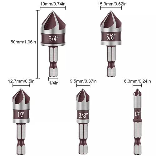 Miniatura 2 de Juego de 5 brocas avellanadoras de 82 grados HSS 5 flautas para fregadero, tamaño de 1/4 a 3/4 pulgadas con vástago hexagonal de 1/4 pulgadas
