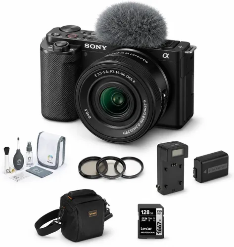 Sony ZV-E10 Cámara de Vlog sin espejo con lente de zoom de potencia II de 0.630-1.969 in, negro, APS-C de 24.2 MP, video 4K, pantalla abatible con