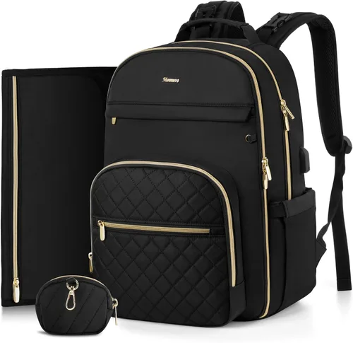 Miniatura 22 de MOMUVO Mochila para pañales, bolsa de bebé acolchada con cambiador, correas para cochecito y funda para chupete, bolsas de pañales de viaje grandes