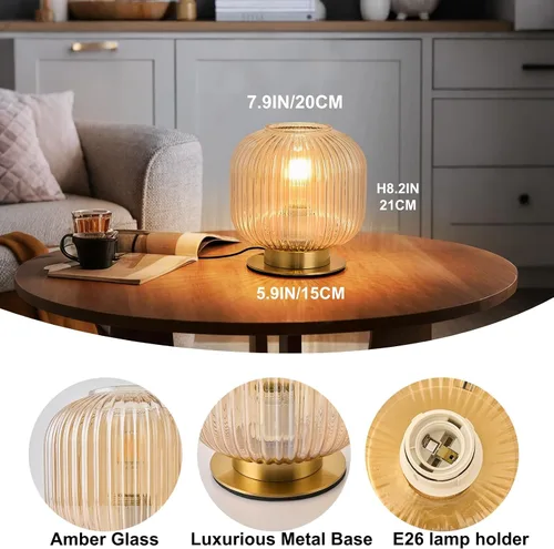 Miniatura 4 de NKU Lámpara de mesa moderna de mediados de siglo con pantalla de vidrio acanalado ámbar y acabado dorado, luz regulable para mesita de noche